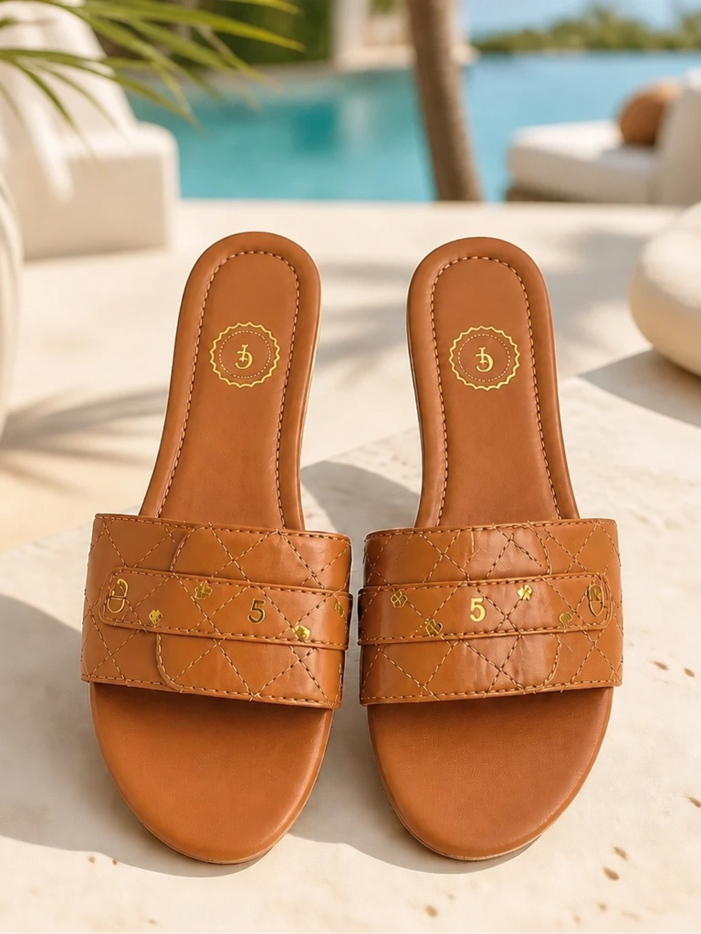 Quilted Tan Slide Mules with Gold Accent